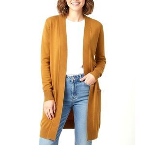 CIELO Cardigan Open Front Long Sleeves Yellow Mustard 2 Pockets Women Medium